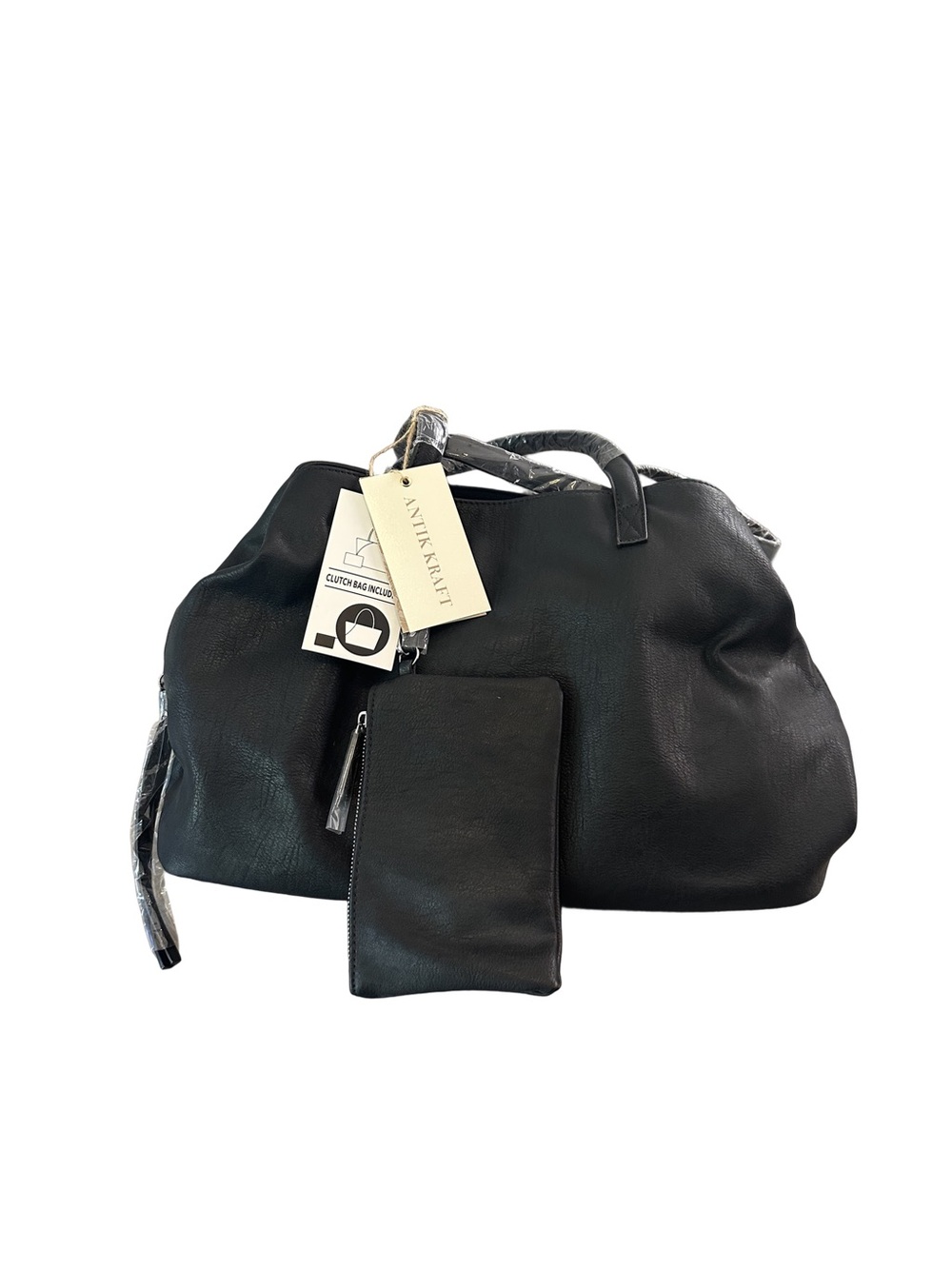 Vegan Leather Tote with Matching Zip Pouch by Antik Kraft, black, NWT